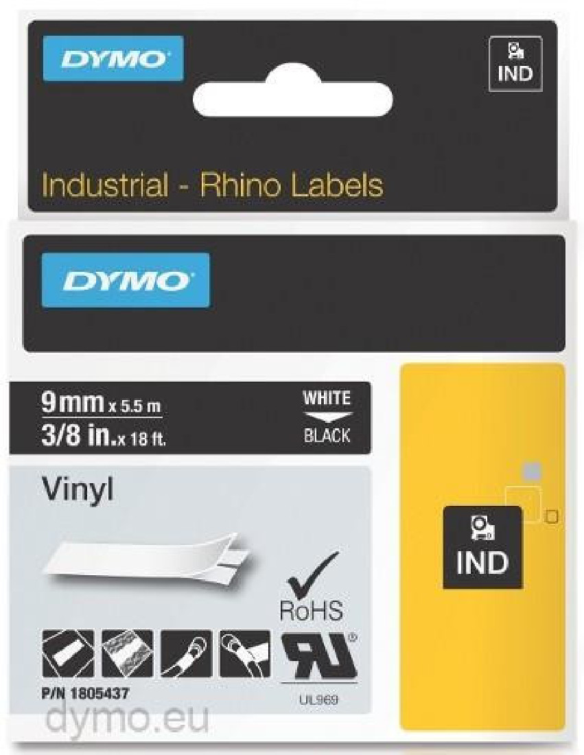 DYMO RHINO 9MM X 5,5M  VINYL WHITE ON BLACK 1805437