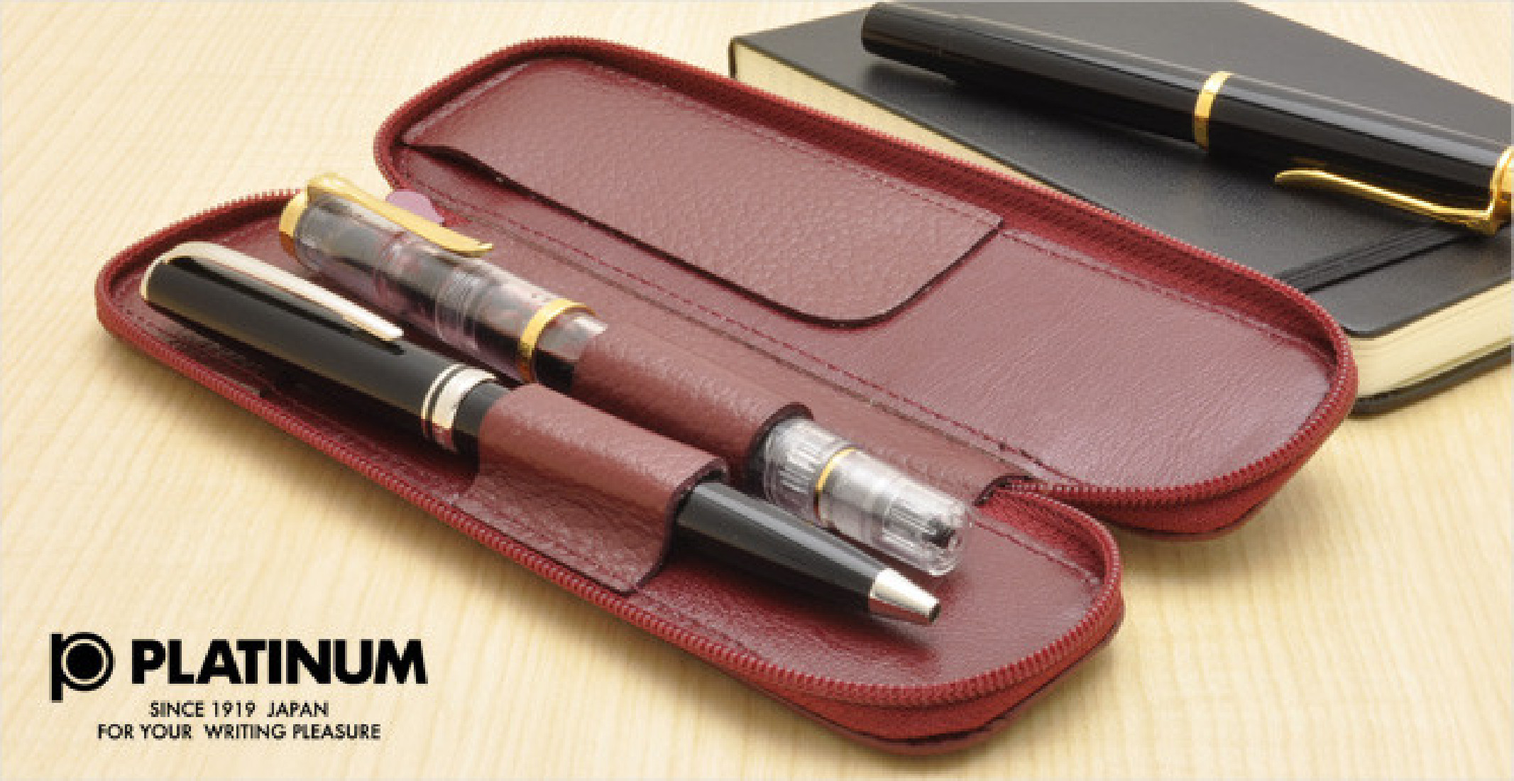 Platinum leather case for 2 pens with zip HPLS-3000
