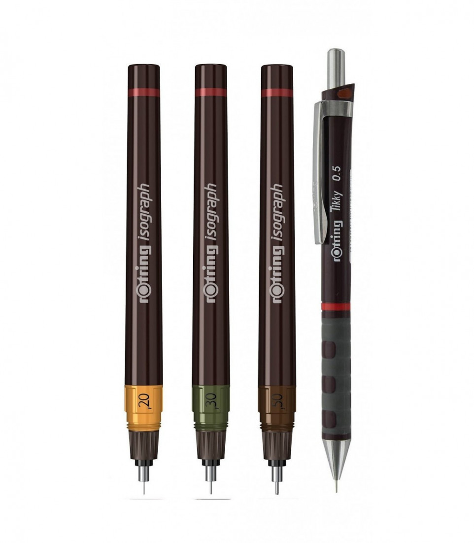 Rotring Isograph Junior Set with 3 Isograph Pens 0.2 mm  0.3 mm  0.5 mm with 1 Tikky Mechanical Pencil 0.5 mm and 4 ink cartridges