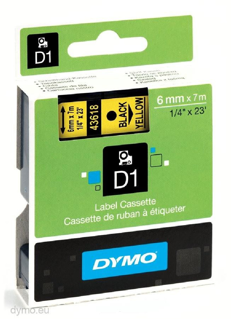 Dymo 43618 D1 Tape 6mmx7m Black on Yellow S0720790