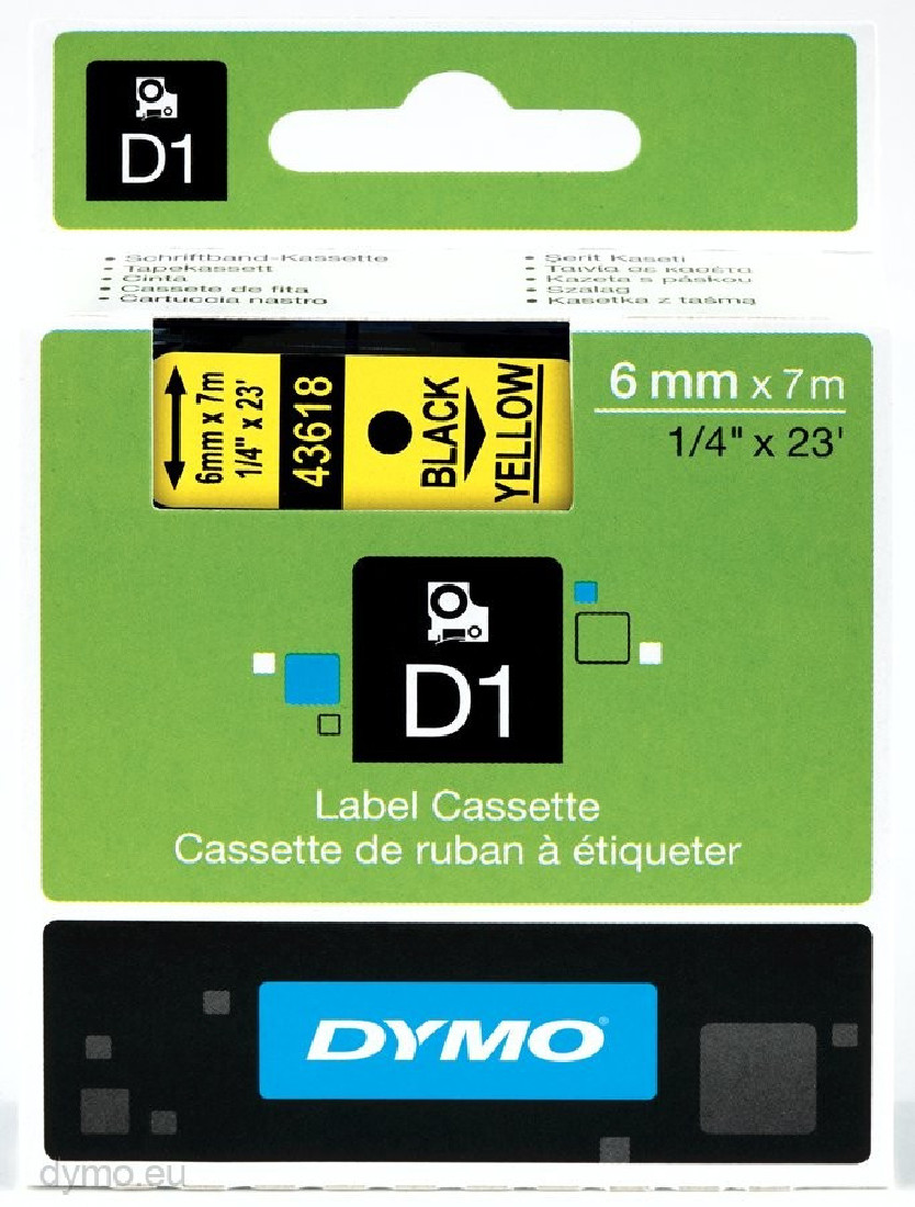 Dymo 43618 D1 Tape 6mmx7m Black on Yellow S0720790
