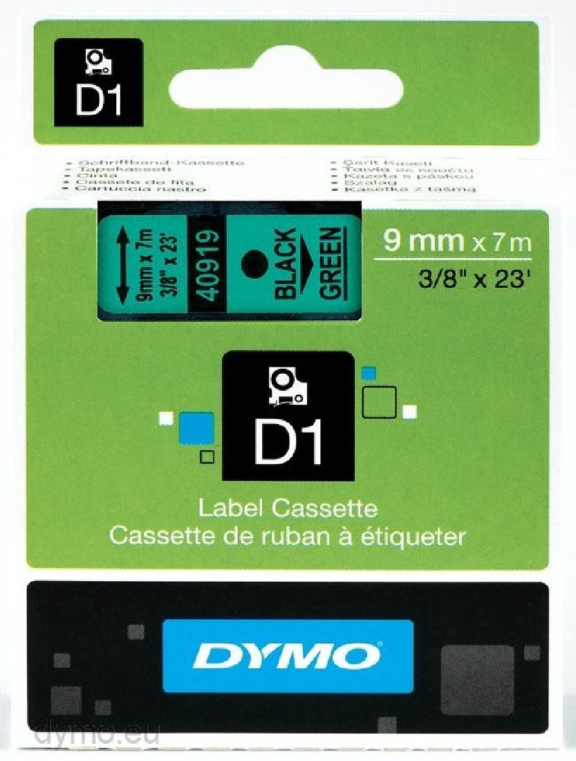 Dymo 40919 D1 Tape 9mmx7mm Black on Green S0720740