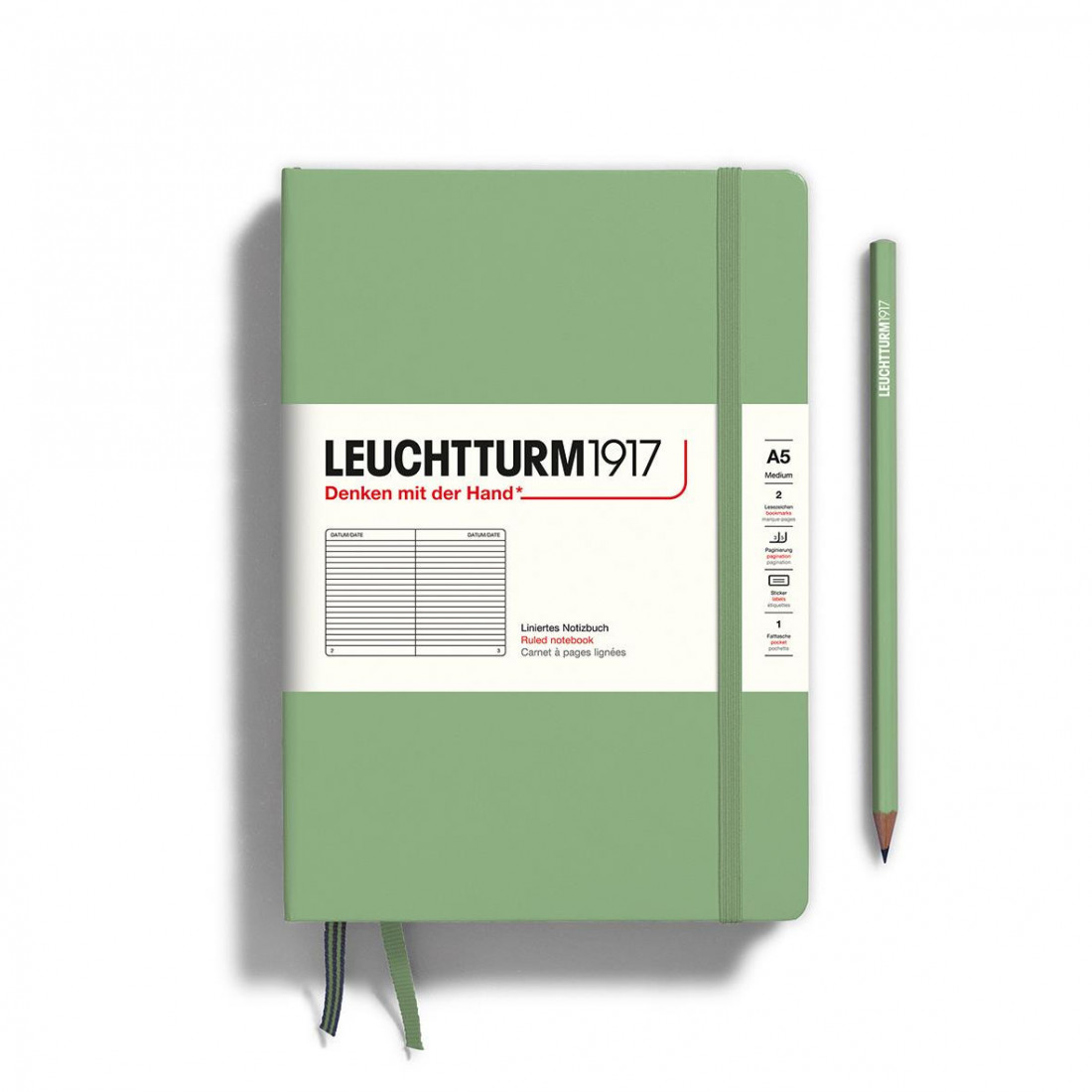 Leuchtturm 1917 Notebook A5 Hardcover 251 numbered pages, Sage, ruled