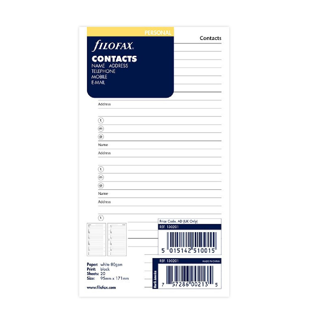 Filofax Contacts Refill - Personal 130201 FX
