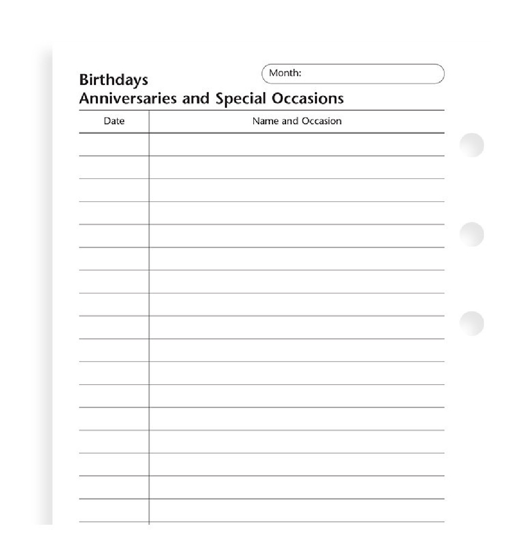 Filofax Birthdays, Anniversaries and Special Occasions Personal Refill 132608 FX
