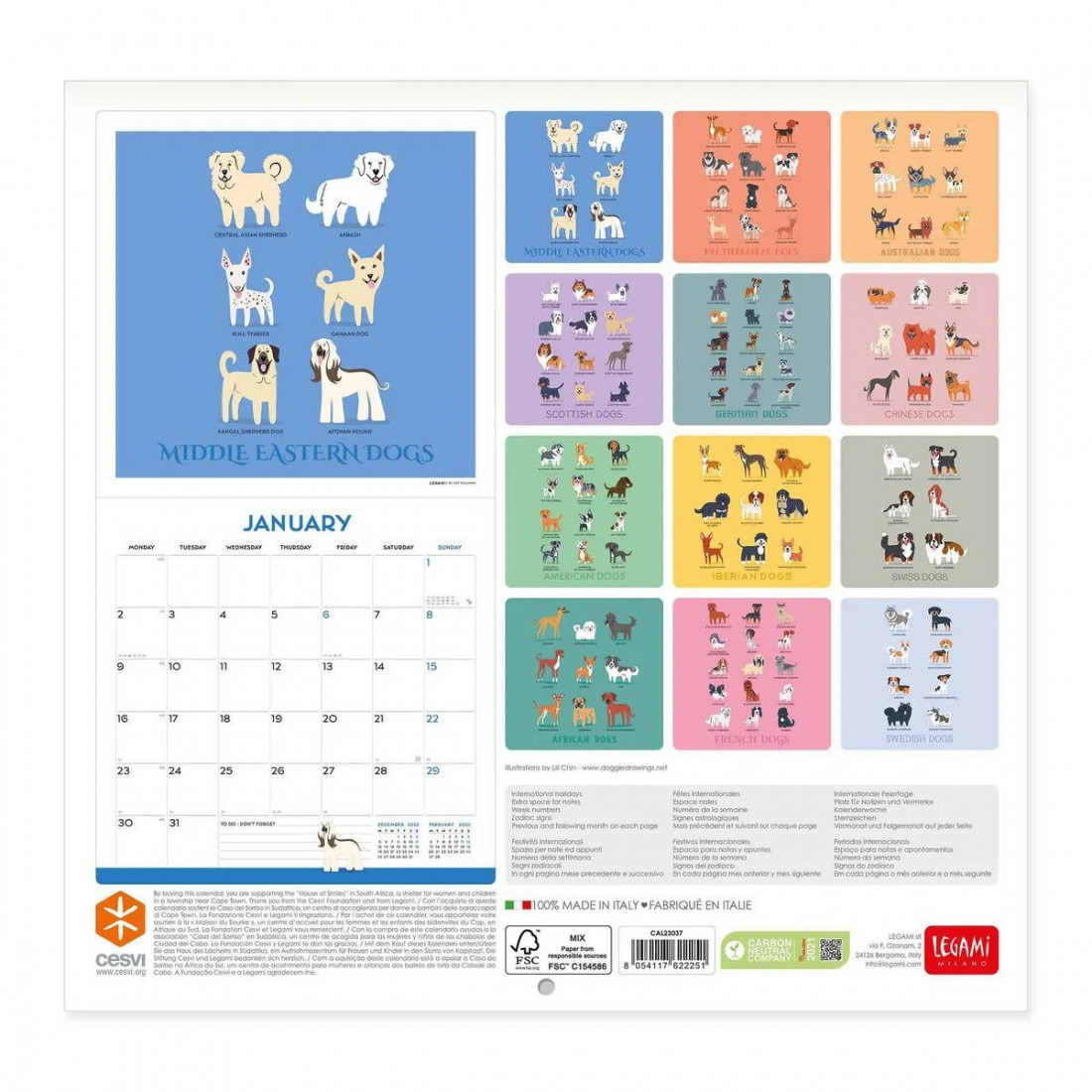 Legami Wall Calendar 2023 Dogs World 30 x 29 cm