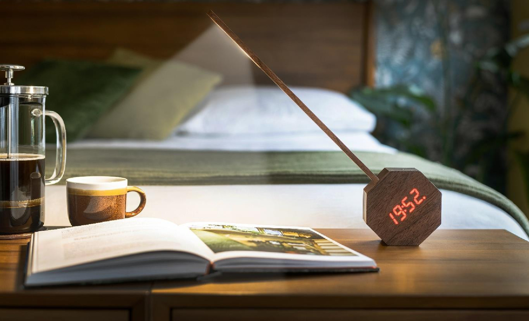 Gingko Octagon One Plus Portable Alarm Clock Desk Light Walnut