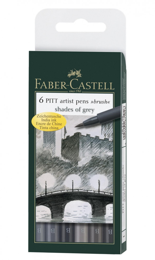Faber Castell India ink Pitt Artist Pen Brush Shades of Grey wallet of 6 167104