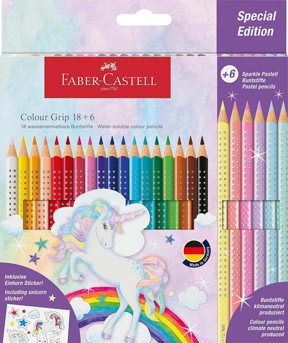 Faber-Castell 201543 Colouring Pencils Set Unicorn 24 Pcs Shatterproof Includes 6 Sparkle Pastel Pencils and Unicorn Stickers