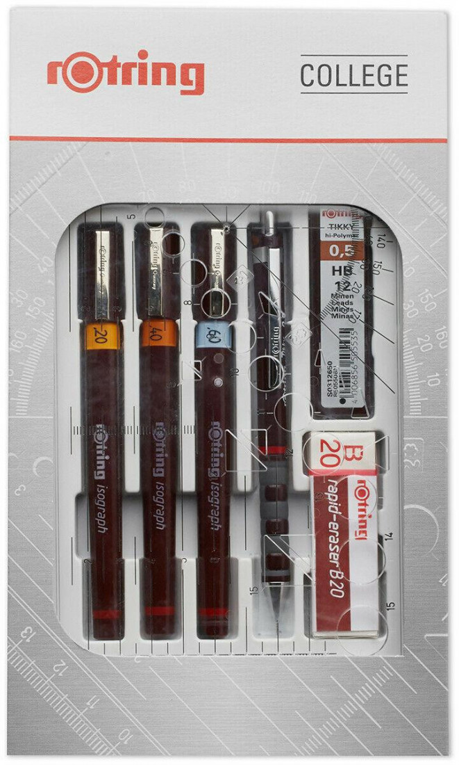Rotring Isograph Technical Pen College Set 0.2mm 0.4mm 0.6mm Set with pencil 0,5 eraser, leads and ink