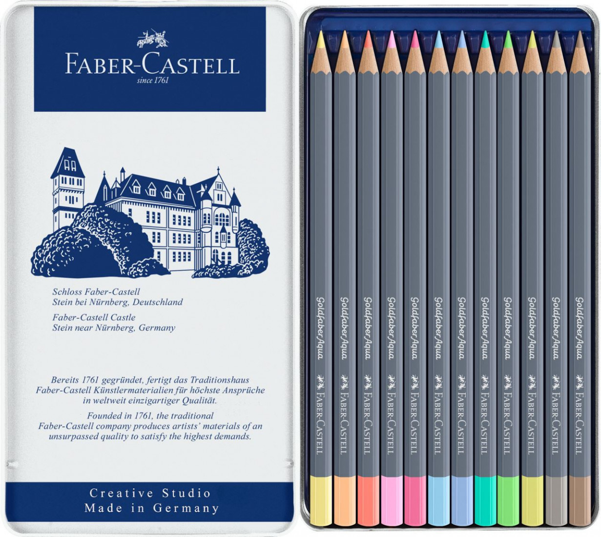 Faber Castell Goldfaber Aqua 12 waterolour.pastel pencils, tin box, 114622