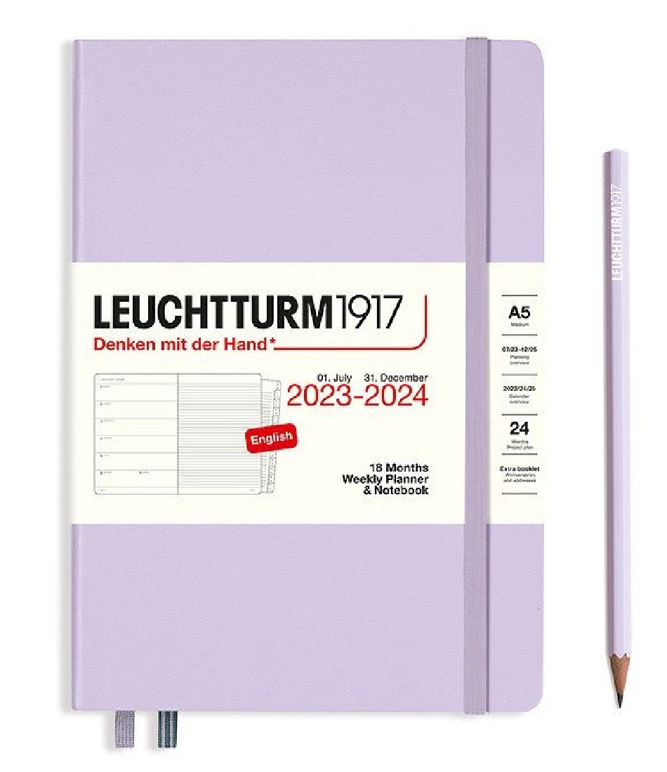 Leuchtturm 1917 Weekly Planner and Notebook 18 Months 2023 - 2024 A5 Lilac Hard Cover