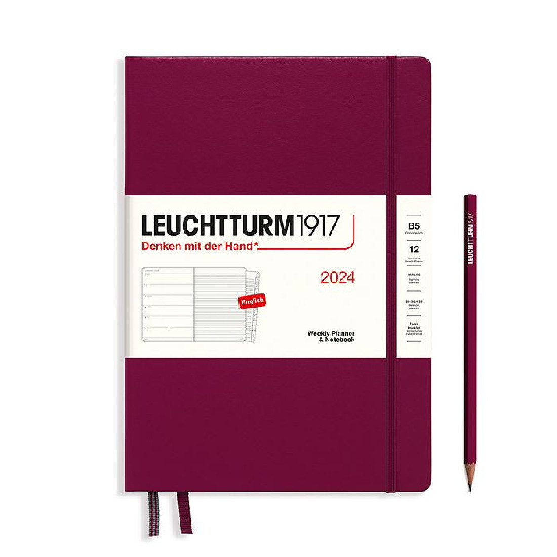 Leuchtturm 1917 Weekly Planner and Notebook 2024 Port Red B5 Hard Cover