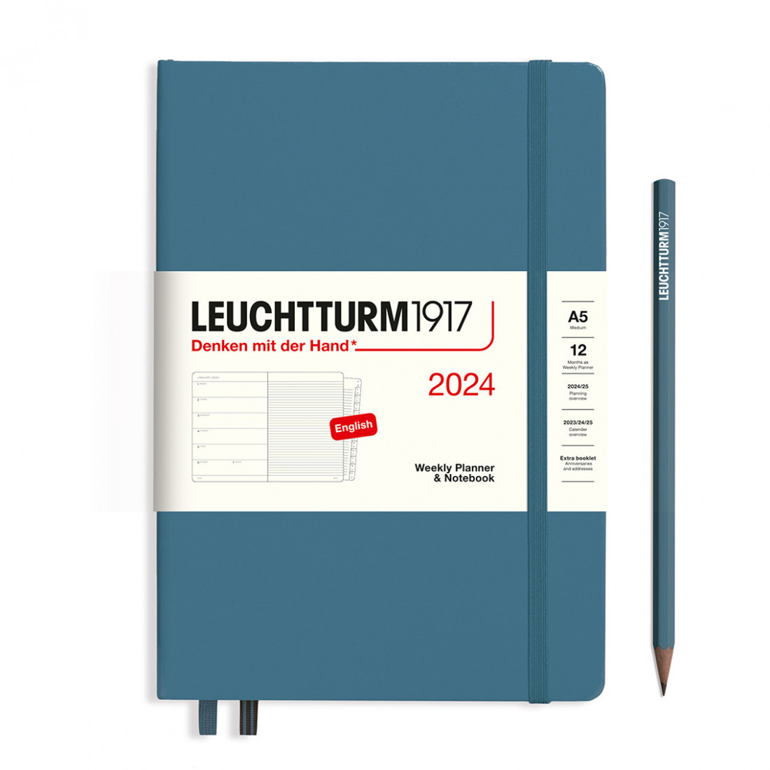 Leuchtturm 1917 Weekly Planner and Notebook 2024 Stone Blue Medium A5 Hard Cover
