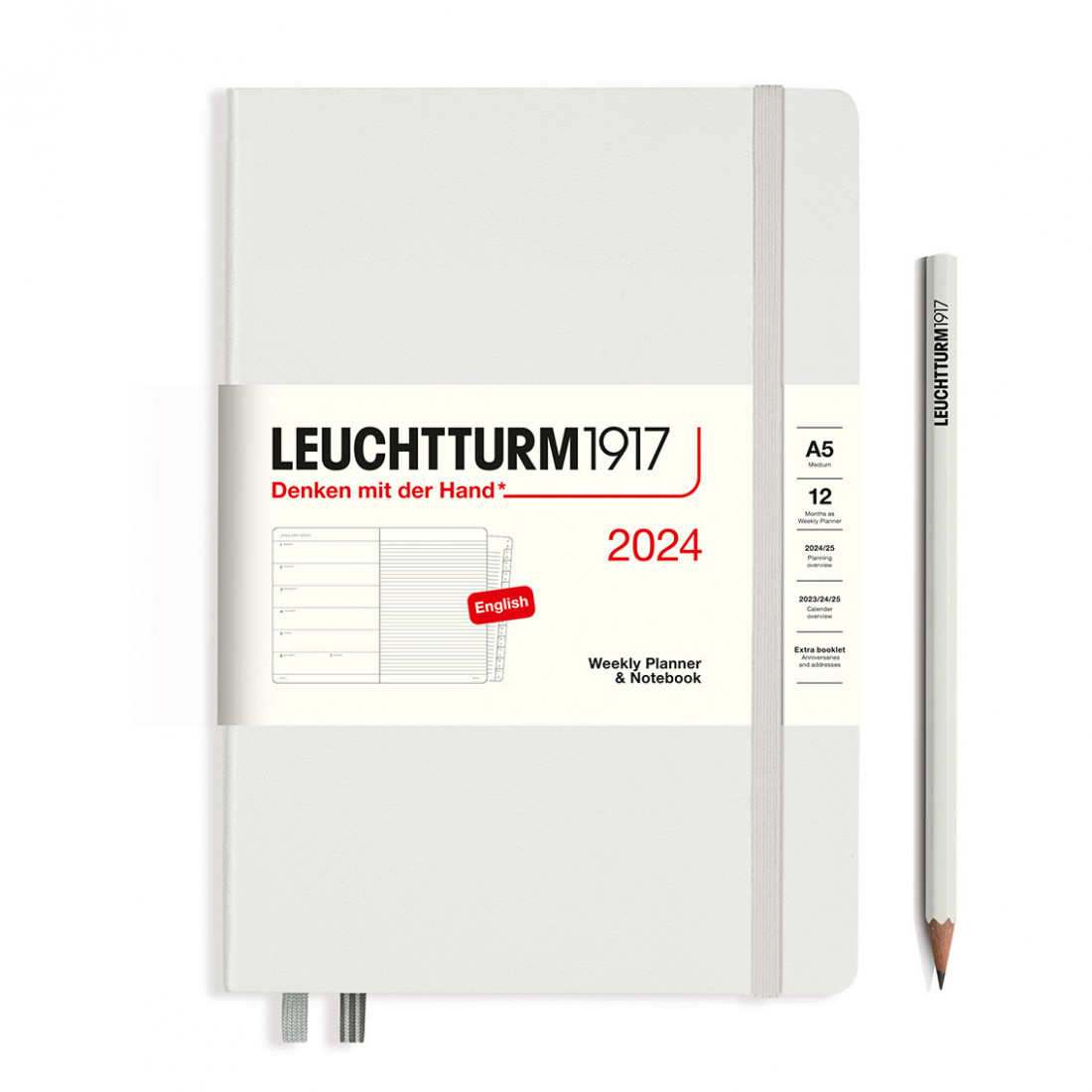 Leuchtturm 1917 Weekly Planner and Notebook 2024 Light Grey Medium A5 Hard Cover