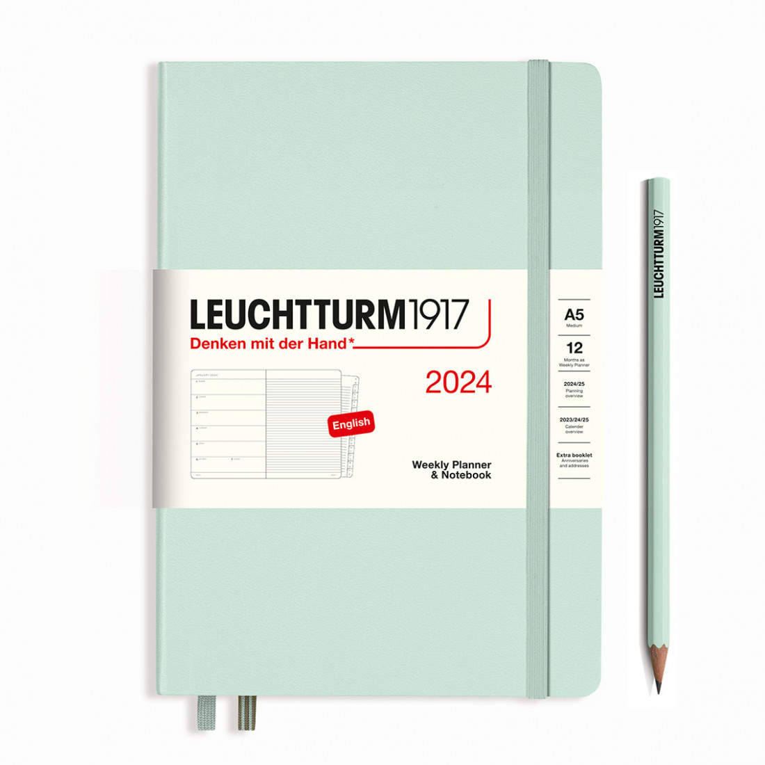 Leuchtturm 1917 Weekly Planner and Notebook 2024 Mint Green Medium A5 Hard Cover