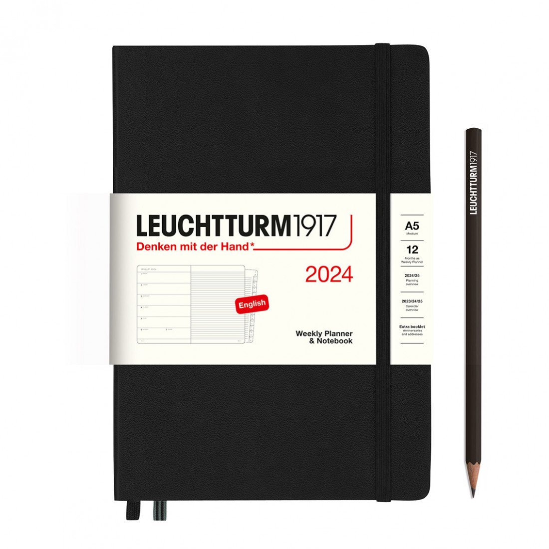 Leuchtturm 1917 Weekly Planner and Notebook 2024 Black Medium A5 Hard Cover