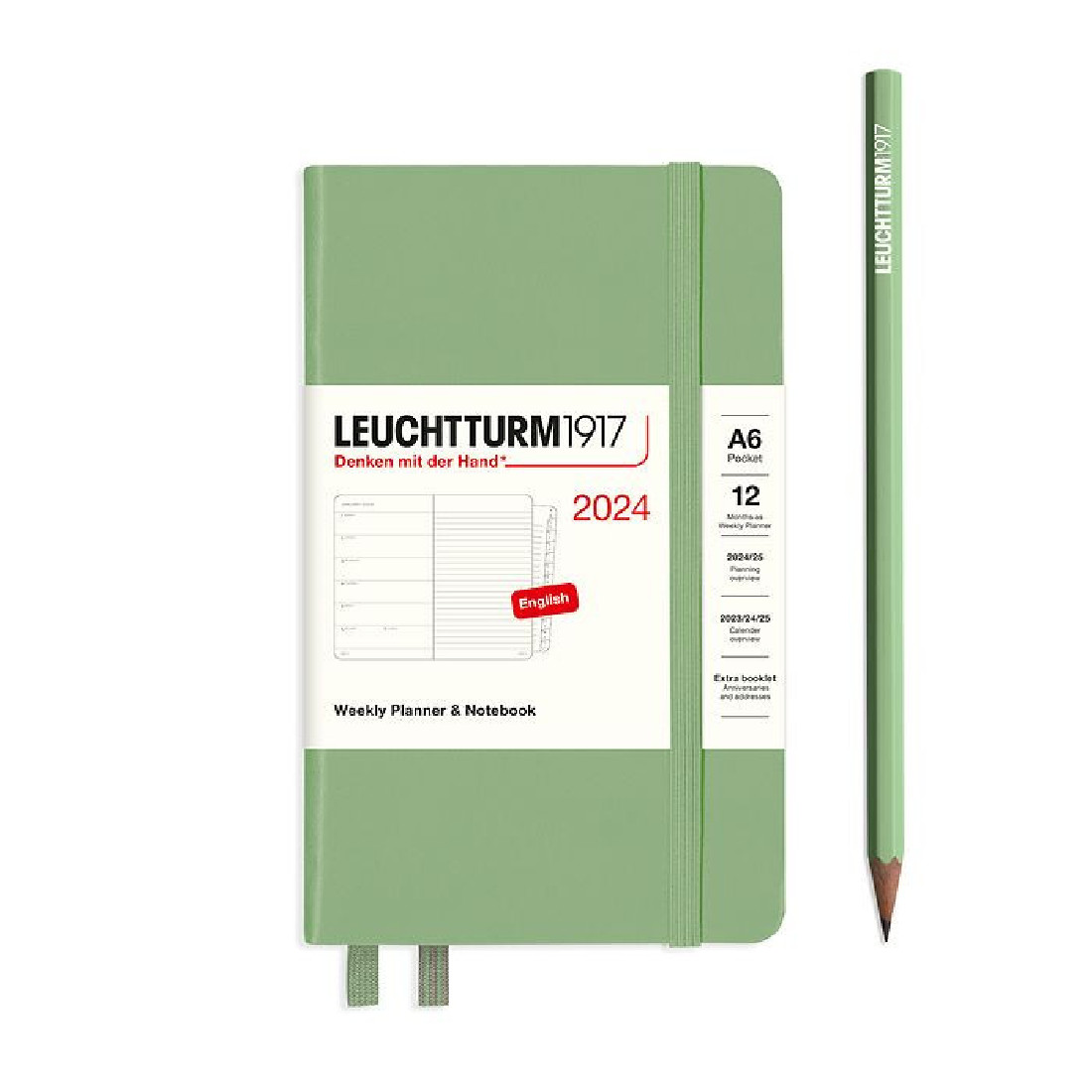 Leuchtturm 1917 Weekly Planner and Notebook 2024 Sage Pocket A6 Hard Cover