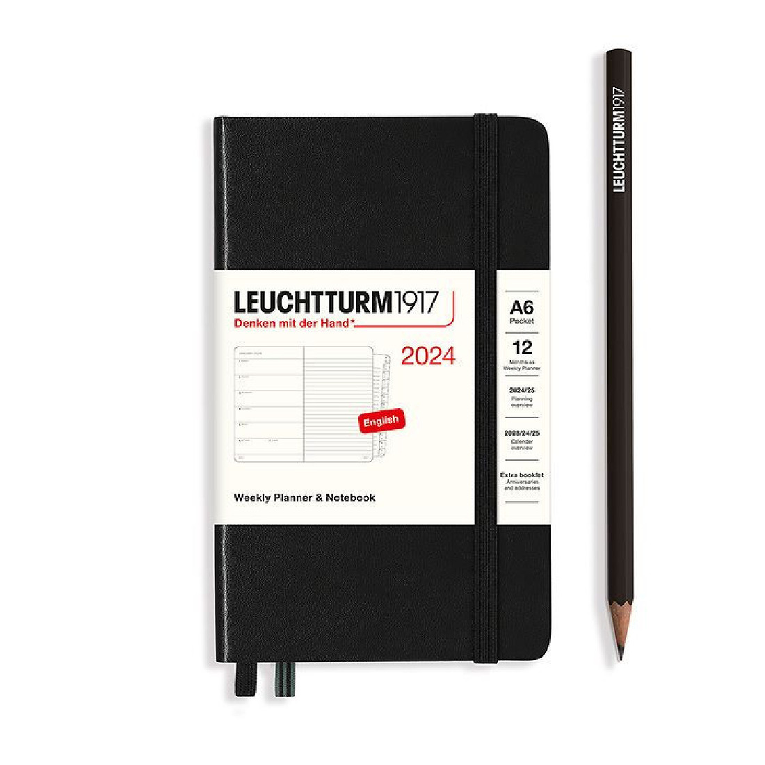 Leuchtturm 1917 Weekly Planner and Notebook 2024 Black Pocket A6 Hard Cover
