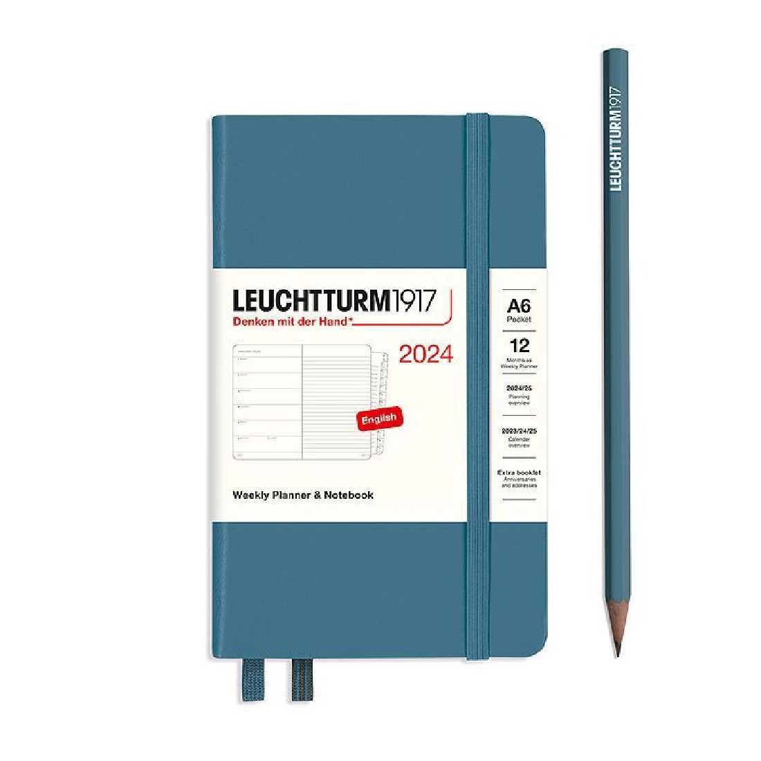 Leuchtturm 1917 Weekly Planner and Notebook 2024 Stone Blue Pocket A6 Hard Cover