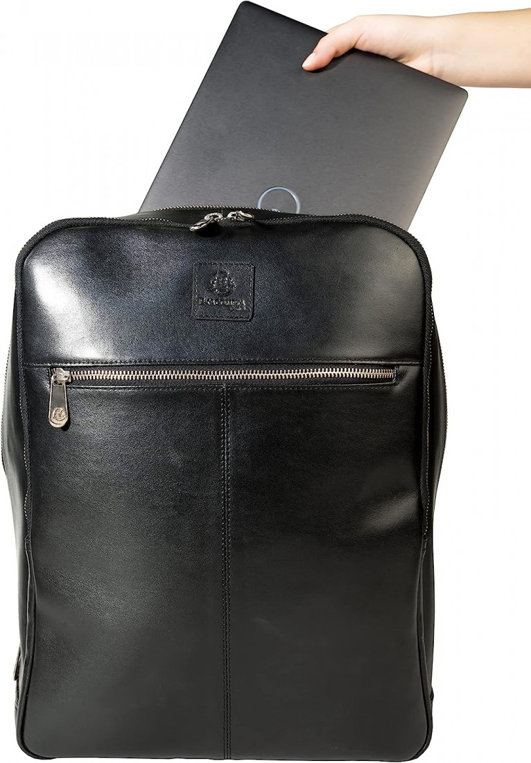 Exacompta  Exactive  Leather Laptop Backpack 30 x 40 x 14cm, for 15.6 Laptop or Tablet, Black & Orange 17637