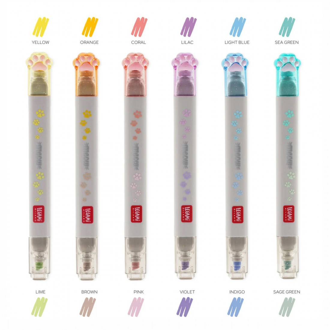 Set of 6 Dual-Tip Pastel Highlighters Meow Legami