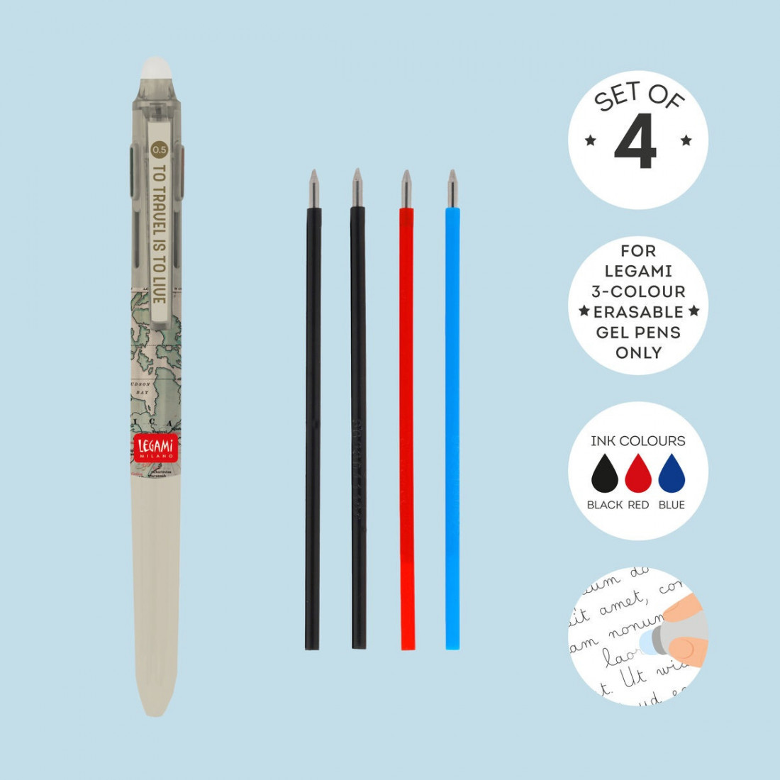 Set of 4 Refills for 3-Colour Erasable Gel Pens Legami
