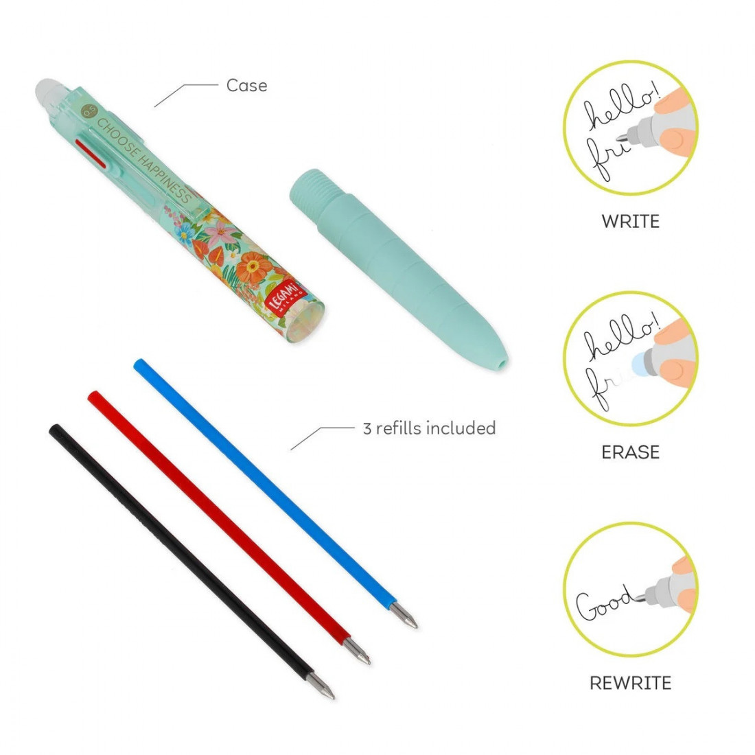 3-Colour Erasable Gel Pen Flowers Legami
