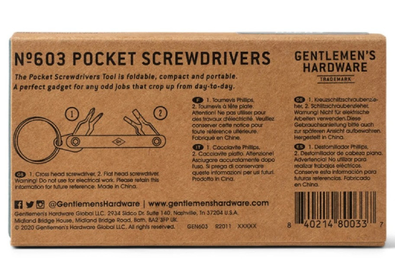 Gentlemens Hardware, pocket screw drivers, 4 in 1, 603