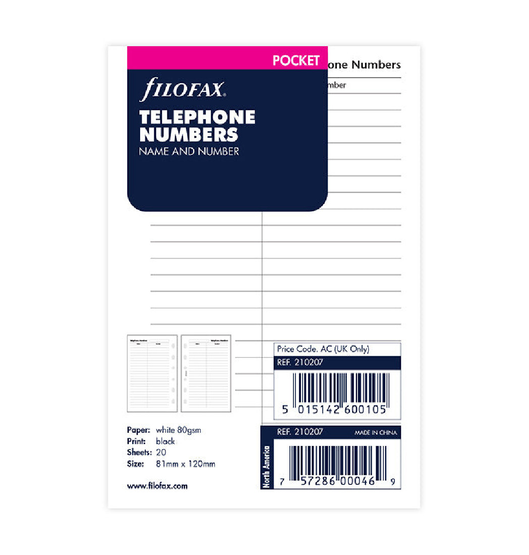 Name and Telephone Number Refill - Pocket 210207 Filofax