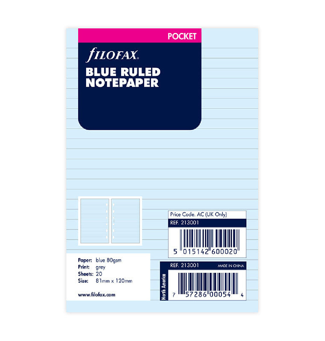 Blue Ruled Notepaper Pocket Refill 213001 Filofax