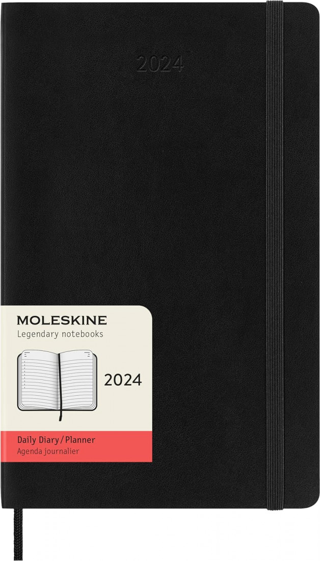 Moleskine Daily Agenda 12 Months 2024, Agenda 2024, Size Large 13x21, Soft Cover and Elastic Closure, Colour Black
