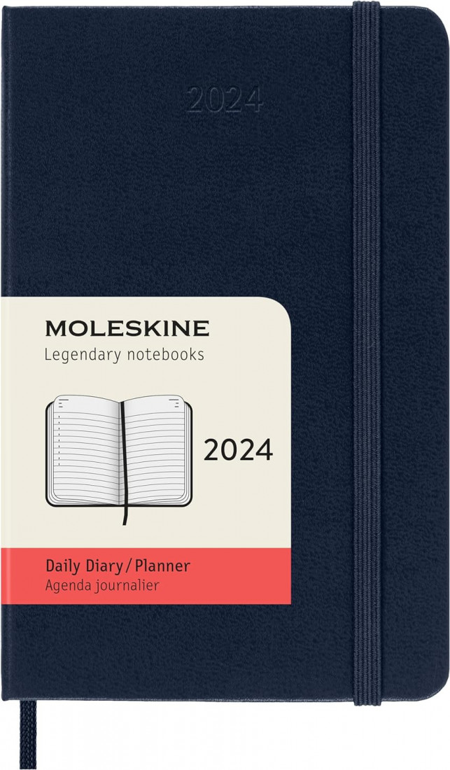 Moleskine Daily Agenda 12 Months 2024, Agenda 2024, Size Pocket 9x14, Hard Cover and Elastic Closure, Colour Sapphire Blue