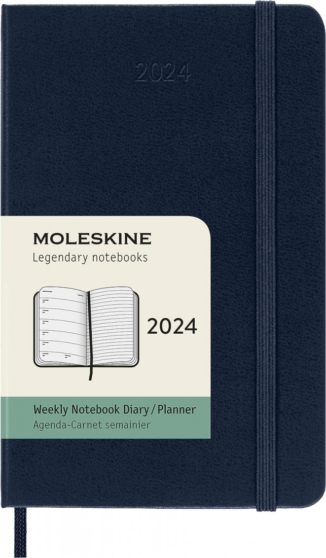 Moleskine Weekly Agenda with Space for Notes 12 Months 2024, Agenda 2024, Size Pocket 9x14, Hard Cover and Elastic Closure, Colour Sapphire Blue