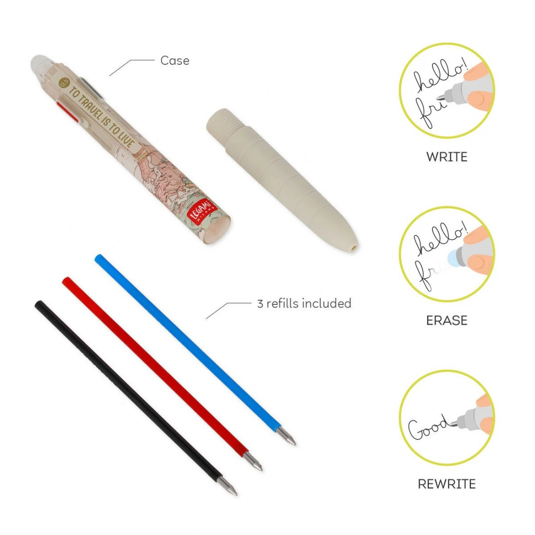 3-Colour Erasable Gel Pen Travel-themed Legami