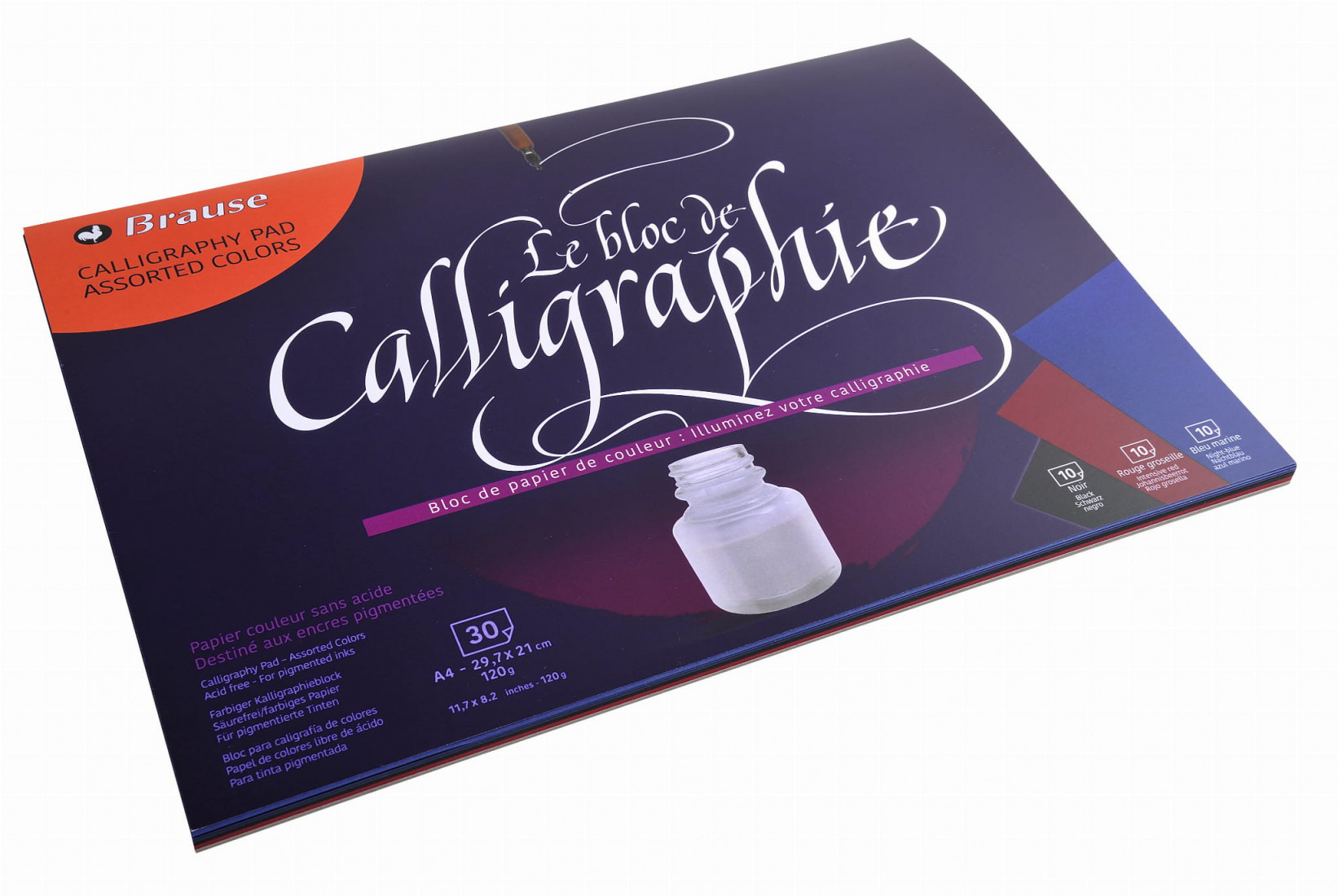 Brause  Glued calligraphy pad 30 sheets A4 120g, 3 assorted colours (black, intensive red and navy blue) 96436B