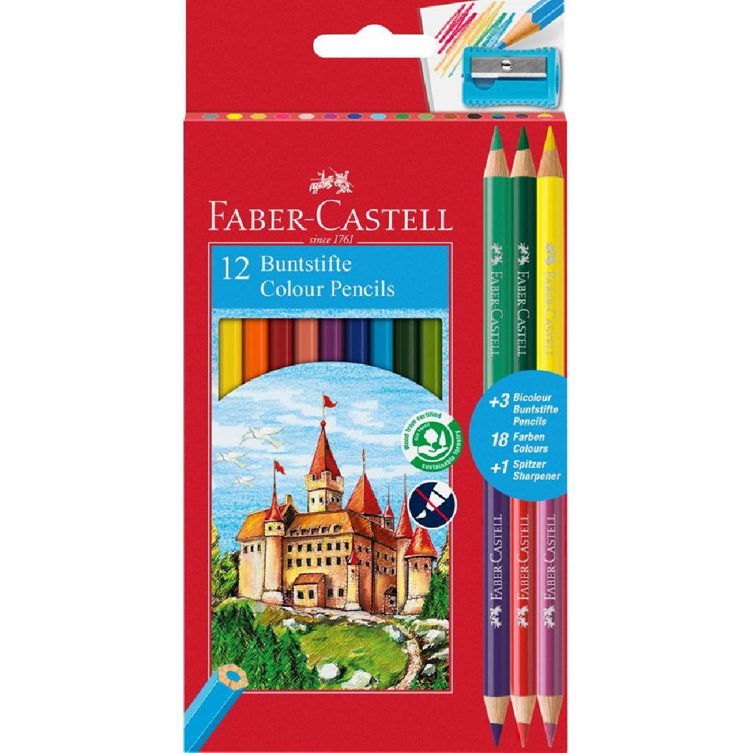 Faber Castell Classic Colour pencils 12pcs plus 3 bicolor pencils plus a sharpener 110312