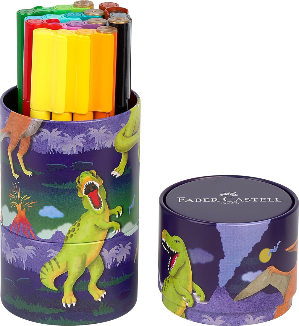 Faber Castell 155546 Felt Tip Pen Set Connector Dino, 20 Metal Box, Washable, Colouring Set for Children