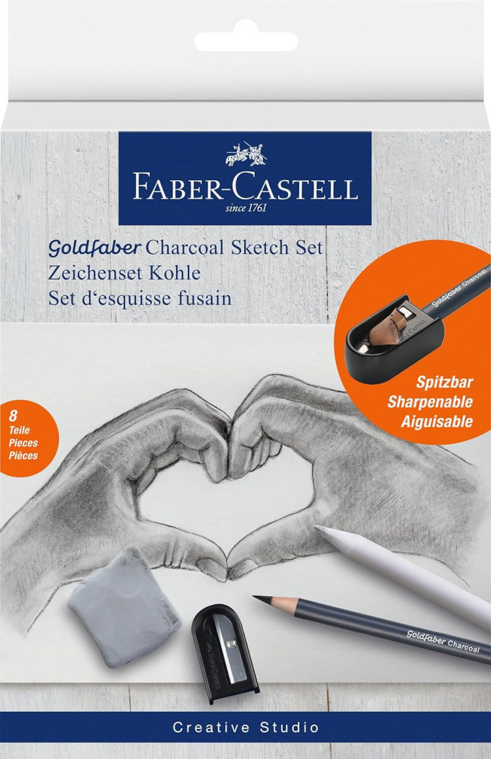 Faber-Castell Goldfaber Charcoal 114006 Drawing Set 8 Pieces Including Charcoal Pencils, Sharpener, Paper Wiper and Eraser