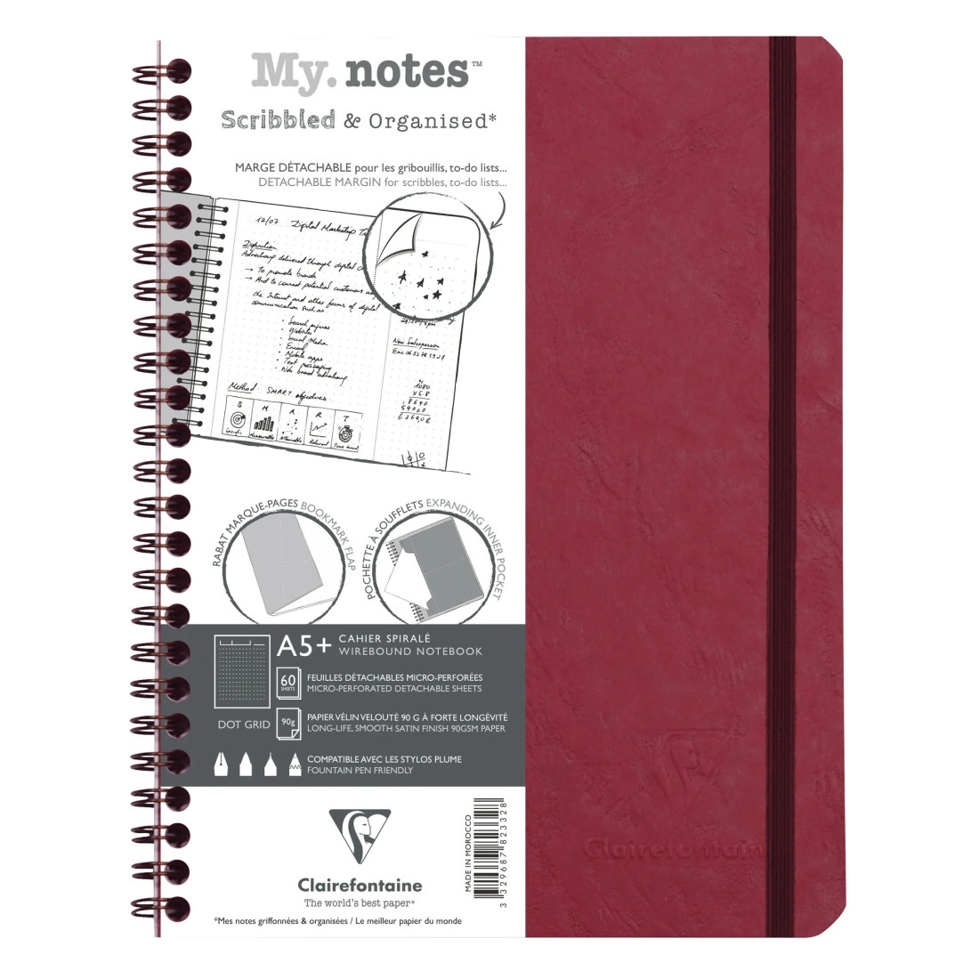 Clairefontaine Rhodia My.Notes Age Bag full-bound notebook with detachable margins A5+, 16x21cm, 120 detachable pages DOT + header frame - Red 82362
