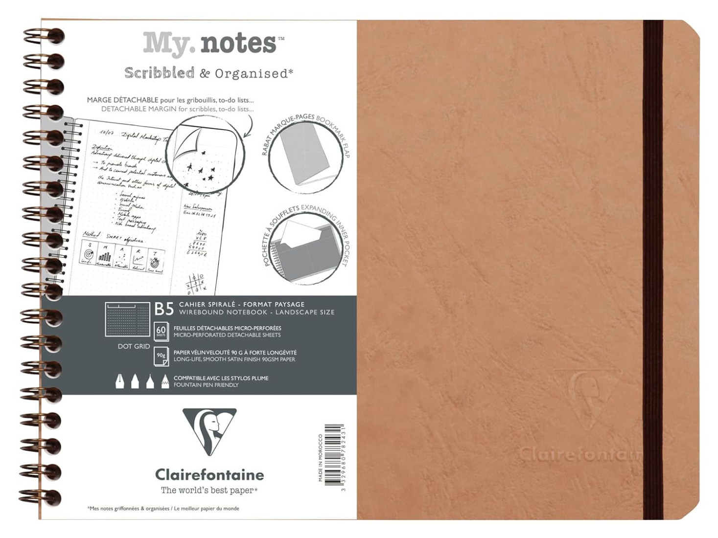 Clairefontaine Rhodia My.Notes Age Bag full-bound notebook with detachable margins B5 landscape 120 detachable pages DOT + header frame - Brown 78243