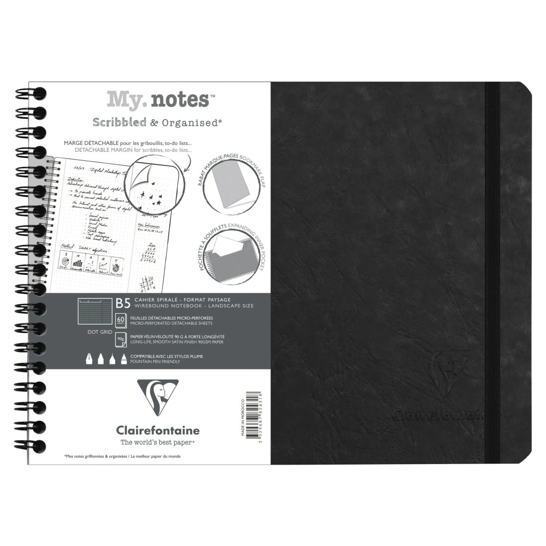 Clairefontaine Rhodia My.Notes Age Bag full-bound notebook with detachable margins B5 landscape 120 detachable pages DOT + header frame - Black 782431