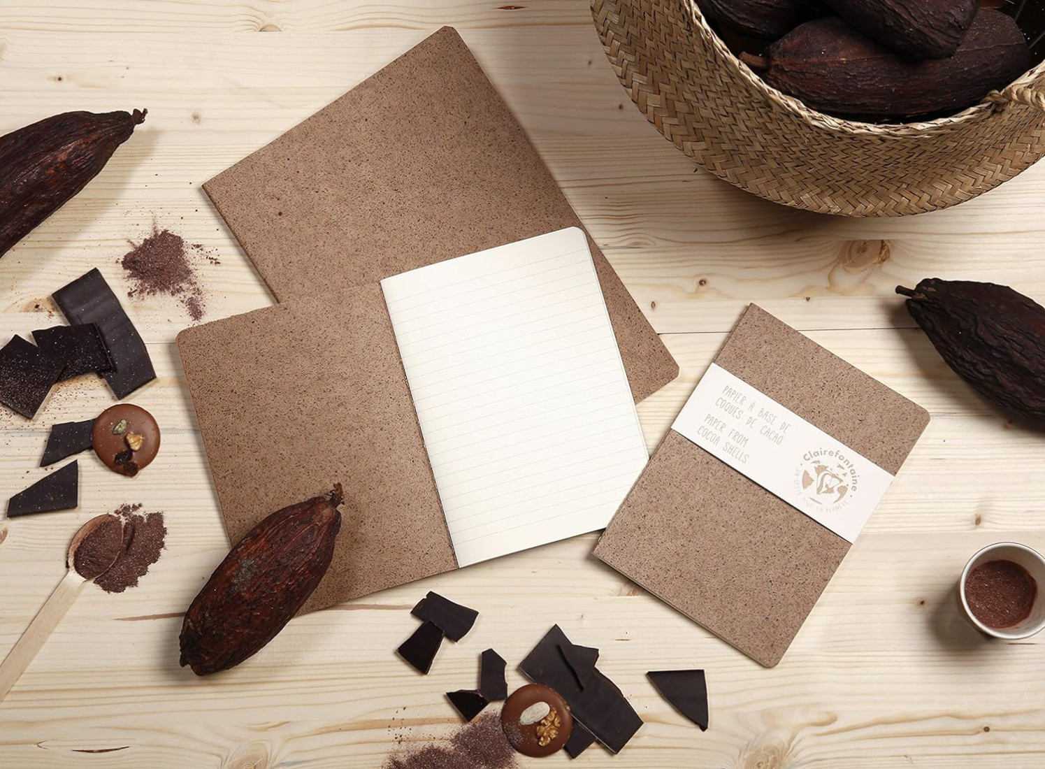 Clairefontaine Rhodia 83523C - A Stitched Sewn Notebook Cover Paper made from Cocoa Shells - A4 21x29.7 cm 96 Lined Pages 90g Ivory Paper - With Flap - Jeans&Cocoa Collection