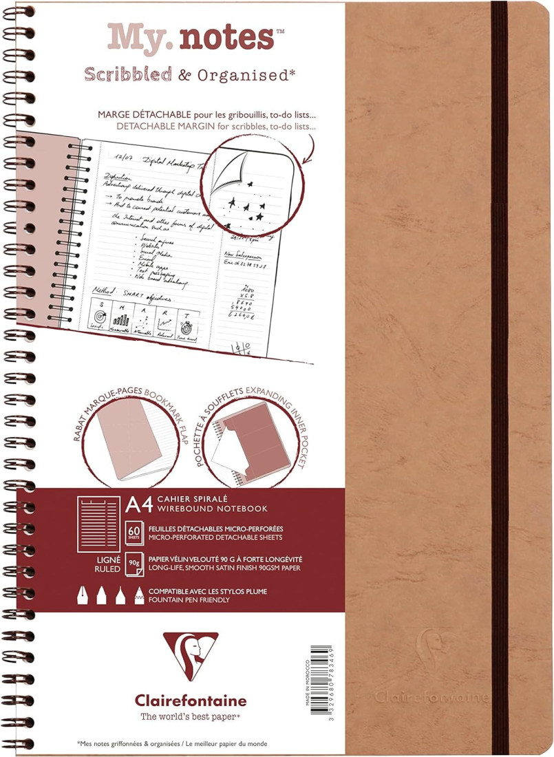Clairefontaine 78346C Collection Age Bag A My.Notes Tabac Spiral Notebook with Tear-Off Margins - A4 21 x 29.7 cm - 120 Lined Tear-Off Pages - 90g White Paper - Leather Grain Gloss Card Cover