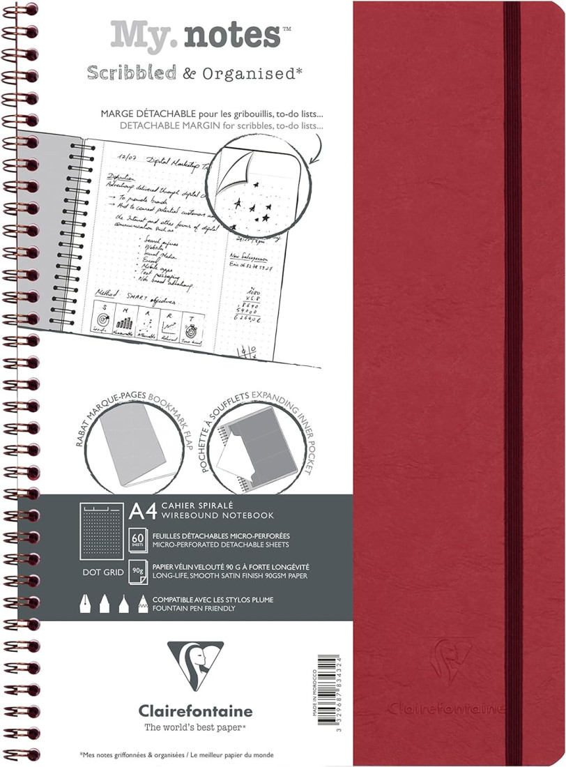 Clairefontaine 78346C Collection Age Bag A My.Notes Red Spiral Notebook with Tear-Off Margins - A4 21 x 29.7 cm - 120 Lined Tear-Off Pages - 90g White Paper - Leather Grain Gloss Card Cover