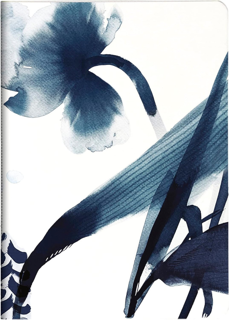 Clairefontaine Rhodia 115926C - A Stitched Notebook Floral Pattern Painted in Blue Ink - A5 14.8x21 cm 64 Lined Pages White Paper 90g - Inkebana Collection