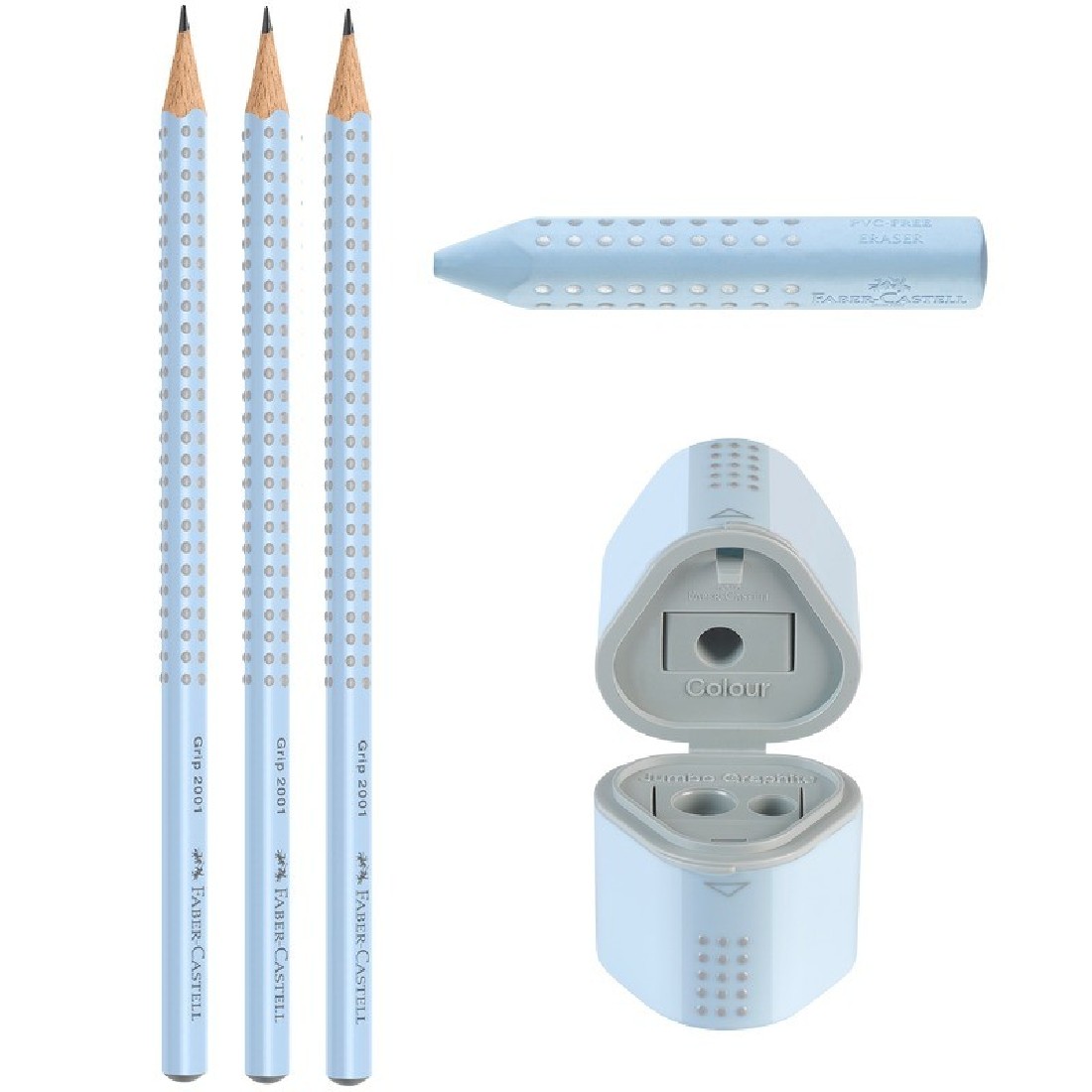 Faber Castell set of 3 pencils, w eraser and sharpener,  sky blue, 580074