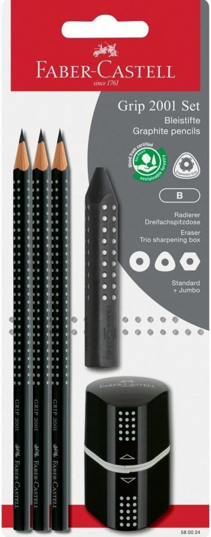 Faber-Castell 580024 Grip 2001 Pencil Set 5-Piece with 3 Pencils, Eraser and Sharpener, Black