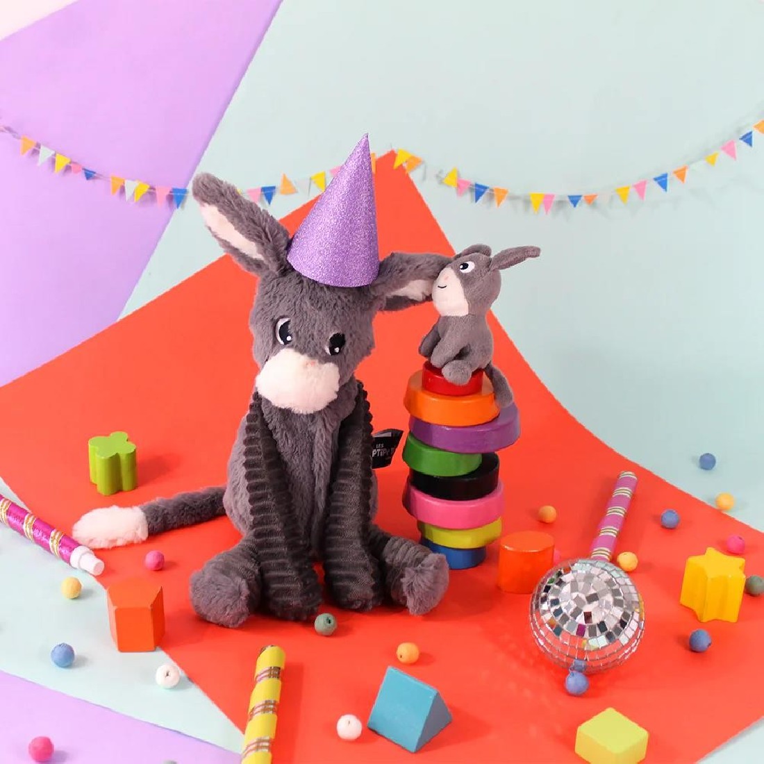 Poitou donkey soft toy mom and her grey baby Les Ptipotos 76030 Les Deglingos.