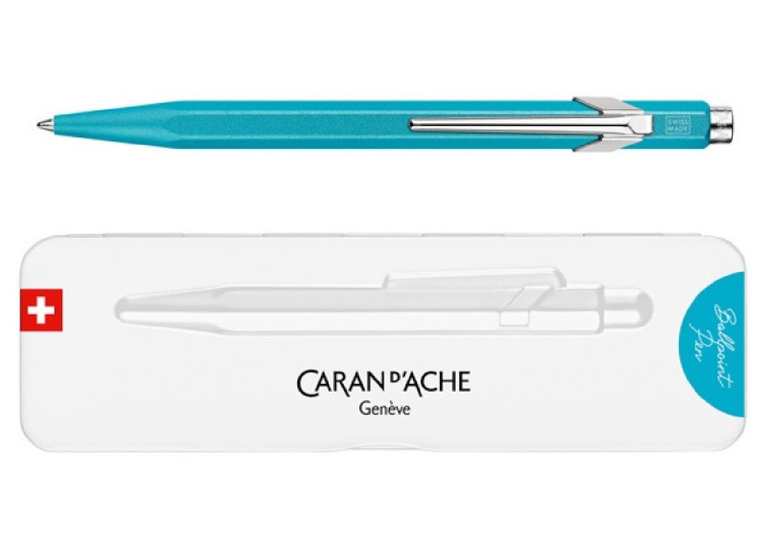 Caran Dache 849 metallic turquoise ballpoint pen, with slim metal box C